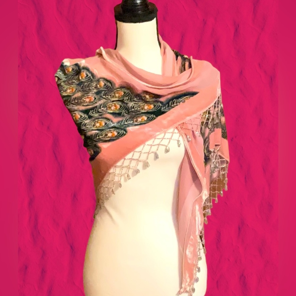 Vintage Peacock, beaded, velvet, triangle, shawl, scarf, in dusty, pink rose.
